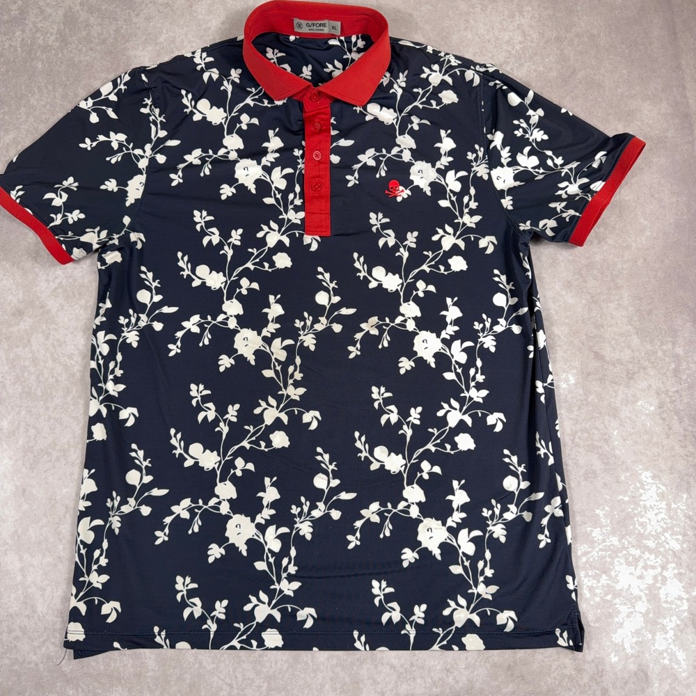 G/FORE Floral Print Performance Golf Polo Shirt XL Navy Red Skull Crossbones